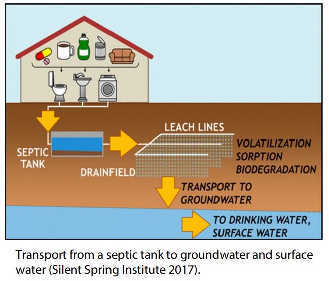 Transport from a septic tank to groundwater and surface water (Silent Spring Institute 2017). From house, to septic tank, to dranfield, to leach lines, transport to groundwater, to drinking water, surface water